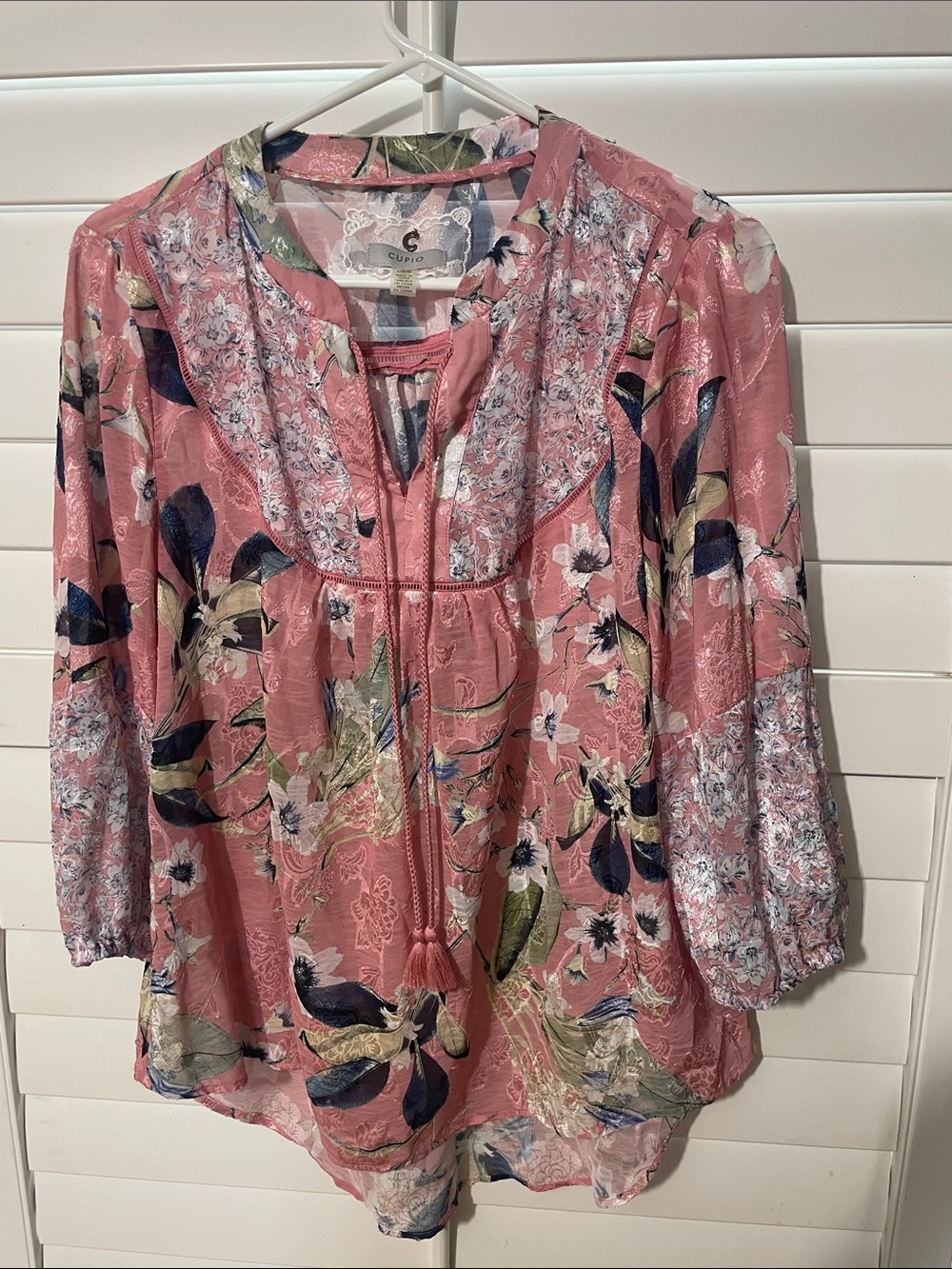 Cupio Rose-Pink Floral Tie-Neck Tunic